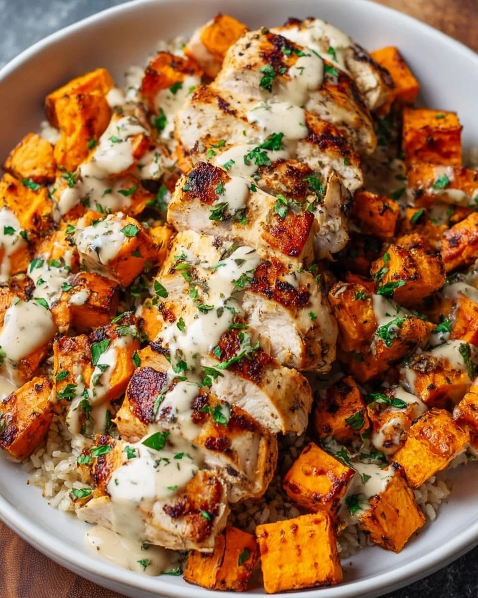Chicken with Roasted Sweet Potatoes and Tahini Dressing