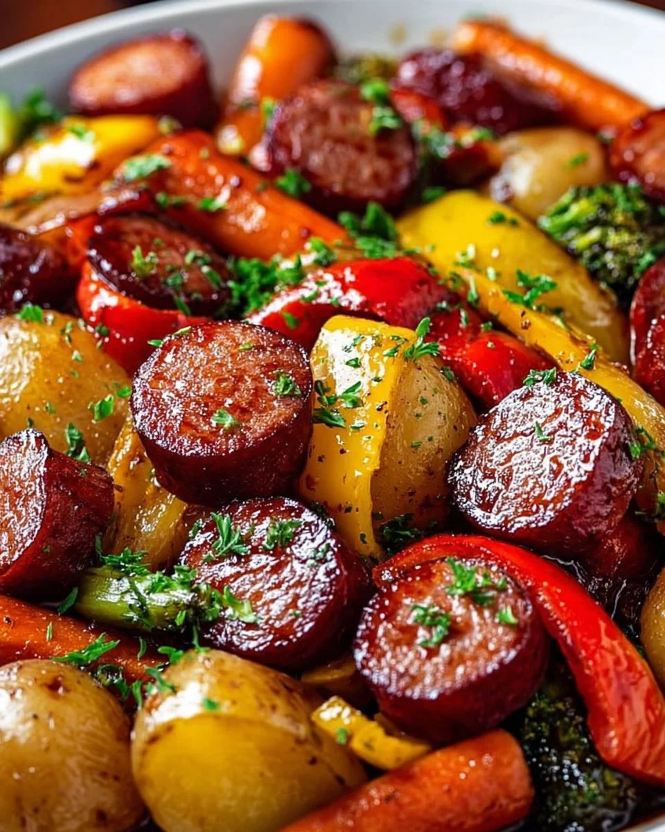 Ein-Pfannen-Honig-Knoblauch-Kielbasa &amp; Gemüse: Einfache Familienfreude